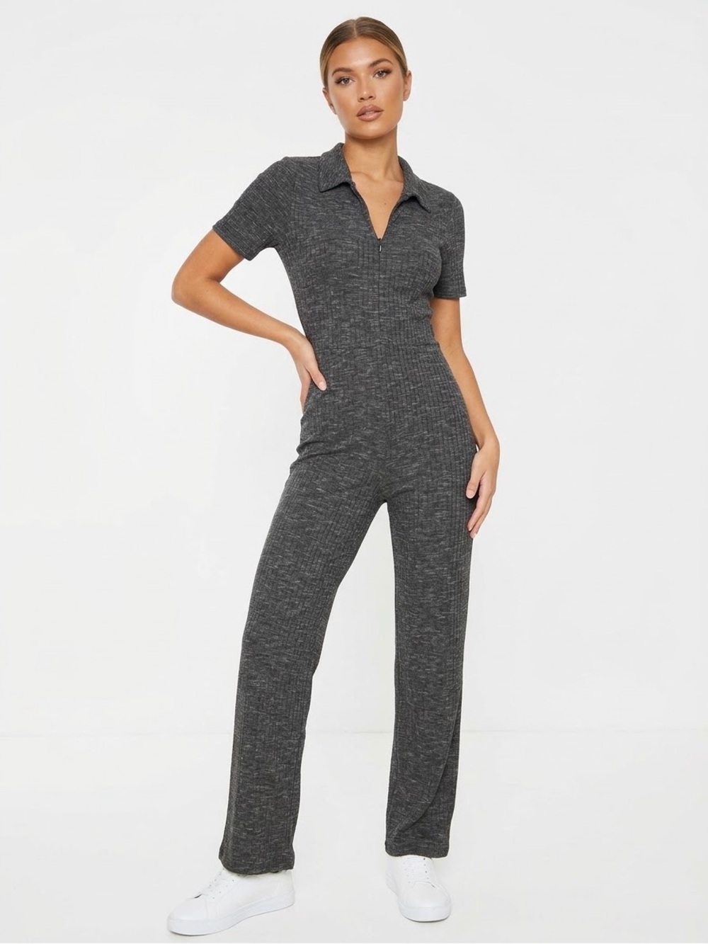 PRETTY LITTLE THING | RIBBED V NECK PANT SUIT JUMPSUIT